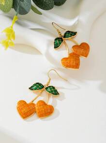 1 Par de Pendientes con Colgante en Forma de Cereza y Corazón de Gota de Aceite, Estilo Dulce y Lindo para Mujer