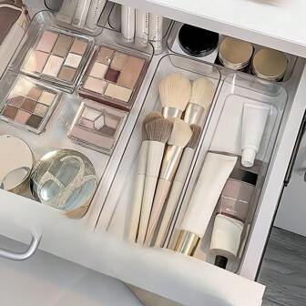 带隔板的透明抽屉整理盒、化妆品整理盒、文具整理盒、梳妆台桌面储物盒、适用于各种场合的多功能储物盒