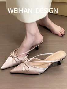 Pointed Toe Bow Decor Backless Mules, Satin French Style Elegant Slip-On Flats For Spring/Summer 2025 - Pink - View 5