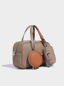 时尚秋冬复古美拉德纯色设计 PU 手提包，保龄球包带小吊坠设计，双手柄，方形拼接，公文包，通勤包，适合旅行购物、通勤、聚会、节日。，包包女士优雅，女士包优雅，奢华 - 彩色 - 查看 6