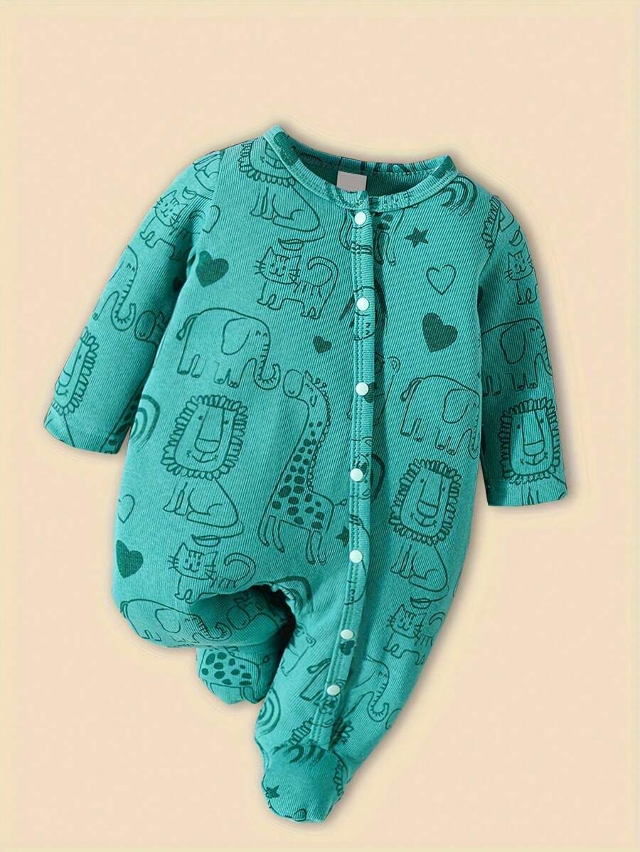 Baby, Junge, Junge, bequemer, atmungsaktiver Jumpsuit, süßes Tiermuster, Rundausschnitt, Langarm, einfaches Knopfdesign, Krabbelhilfe, Jumpsuit, Jumpsuit
