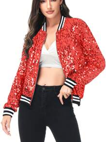 Chaqueta de manga larga con cremallera frontal y puños acanalados, con lentejuelas, para mujer, ideal para fiestas - Rojo - Ver 1