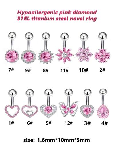 1pc Hypoallergenic Titanium Steel Navel Piercing Ring With Rhinestone Flower/Butterfly/Heart Decoration For Belly Button