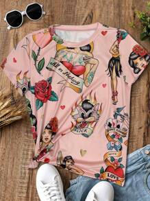 Women's Short Sleeve Round Neck Knit Fabric Regular Length T-Shirt, Unique Printed Pattern, High Elasticity Regular Hem - Pink - View 2