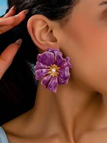 1 对优雅珐琅花卉设计耳环，适合女士，时尚百搭 - 金黃色 - 查看 1