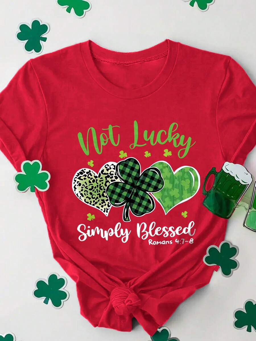 JOYY Women's St. Patty's Day Clover-Themed Plaid Shamrock & Leopard Heart Print Round Neck Short Sleeve T-Shirt, Casual Tee Suitable For All Seasons