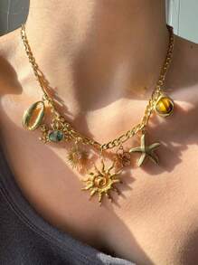 1 件优雅复古 18K 镀金不锈钢螃蟹、海星、贝壳和虎眼石吊坠项链，高端女士珠宝 - 彩色 - 查看 5