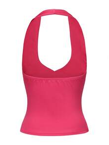 V Neck Plain Slit Crop Casual Ruched Halter Top - Hot Pink - View 4