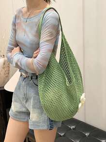 Yogodlns 镂空编织手提包，波西米亚风沙滩手提包，镂空手提包，大容量慵懒沙滩包，休闲购物沙滩包，大容量钩针花卉手提包，时尚手提包，户外旅行包，完美搭配钩针套装，度假必备，夏季、度假和海滩的理想之选，波西米亚风女装 - 綠色 - 查看 6