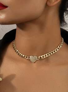 1pc Gold-Tone Rhinestone Heart Pendant Necklace, Suitable For Daily Wear - Yellow Gold - View 1