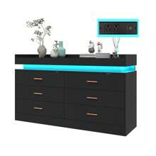 6 Drawer Dresser With Power Outlet, USB LED Strip Light, Modern Chest Of Drawers For Closet, Wide Drawer Organizer Cabinet For Bedroom, Living Room, Entryway, Hallway - 46吋/黑色六號櫃櫃 - 查看 2