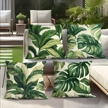 4 件装，夏季热带树叶印花防水户外垫套 - 非常适合露台、花园和家居装饰可机洗，带拉链封口