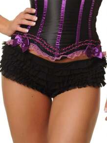 Women Mesh Ruffle Lace Cheeky Boyshorts Panty Booty Shorts Burlesque Retro Underwear Dance Bloomers Boy Shorts Panties Solid Color Underwear Elastic Boxer Briefs With Bow - Black - View 2