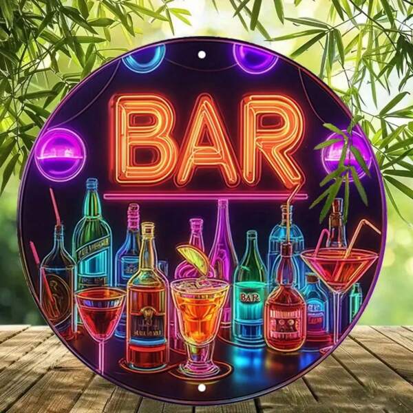 1pc Bar Metal Sign, Vintage Flat Metal Round Poster With Colorful Drink Bottles And Wine Glasses, Art Bar Wall Decor, Suitable For Bar, Cafe, Beach House, Backyard, Size: 19.81 X 19.81 Cm, Random Hole Position