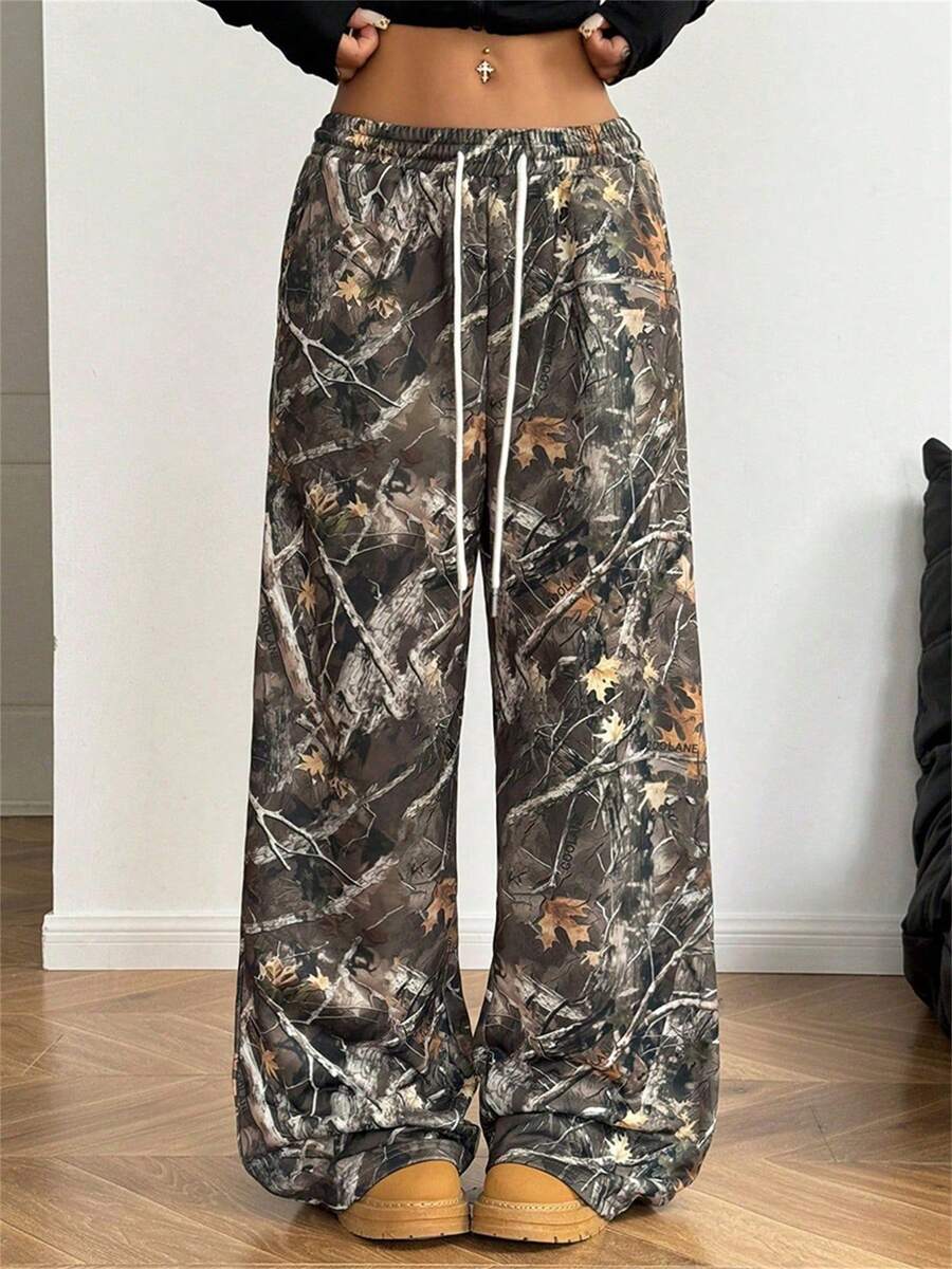 Women's Wide Leg Camo Pants Lightweight Elastic Waist Camouflage Print Loose Pants Trousers - màu nâu - Xem 1