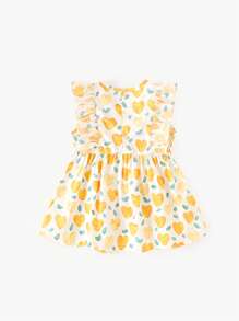 Baby Girls' Sweet Casual Ruffle Heart Bow Sleeveless Dress, Suitable For Beach Resort In Summer