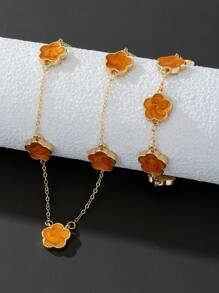 1 套复古夏季度假风格多巴胺亮橙色五叶草吊坠项链和手链女士 - 橘色 - 查看 3