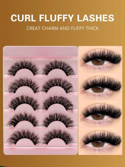 5 对 D-Curl 卷翘睫毛，5D 蓬松俄罗斯卷翘睫毛，仿貂毛，柔软自然，超轻超浓密