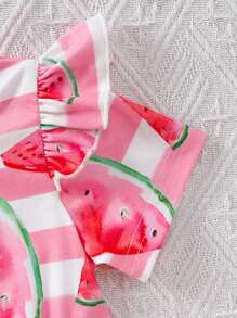 2pcs Baby Girls Watermelon Stripe Print Cap Sleeve Tops & Bow Shorts Set, Casual Fashion Spring/Summer