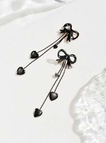 1 paire Cadeau de la Saint-Valentin Chaîne simple de clavicule Boucles d'oreilles avec franges, cœur et nœud