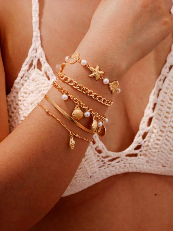 Set de 5 piezas de brazaletes con cadenas de vida marina de estilo versátil y elegante, accesorio ideal para mujer en vacaciones, citas o fiestas.