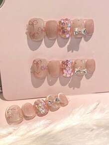 10 szt. ręcznie robionych dziewczęcych kokardek z kryształkami, satynowe błyszczące naklejki na paznokcie z koralikami szklanymi w kształcie kociego oka, urocze i luksusowe, do codziennego noszenia, do naklejania na paznokcie, artykuły do paznokci, paznokcie