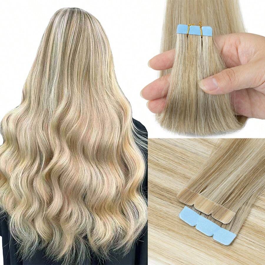 Mini Tape-In Human Hair Extensions, Double-Sided, Invisible, Seamless, Tape-In Hair, 10 Pieces/Set, Natural, Straight, Black, Brown, Blonde, 3 X 0.8 Cm, Tiny Tape-On Hair For Added Volume - S18/613 - Xem 1