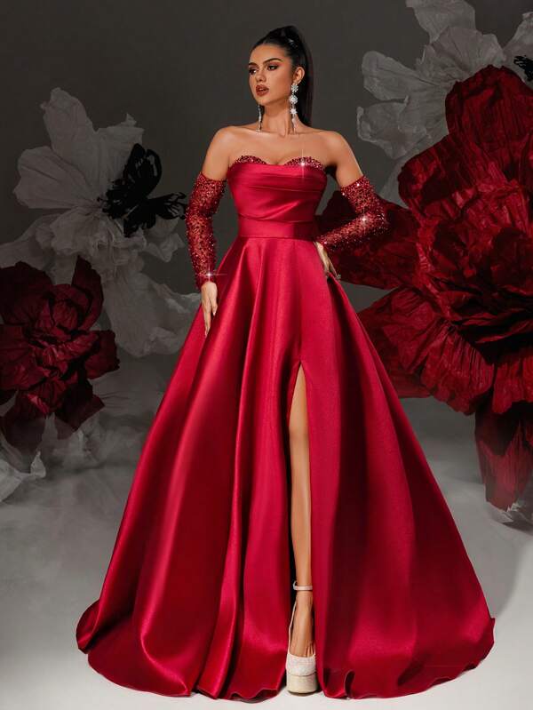 Smilprince Vestido de Baile de Cetim Borgonha com Ombros à Mostra, com Luvas Bordadas e Decote Princesa, Vestido de Formatura com Fenda Alta para Mulheres, Vestido de Noite Formal, Vestido de Convidado de Casamento, Vestido de Festa Elegante