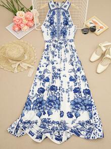 New Porcelain Pattern Halter Waist A-Line Elegant Dress, Spring/Summer
