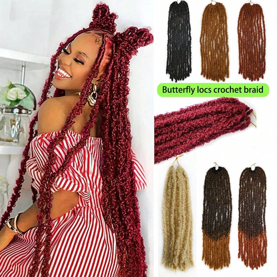 24 英寸蝴蝶辫钩针辫子 Meche 人造辫子钩针辫子接发软辫卷发辫子合成头发 - 彩色 - 查看 1