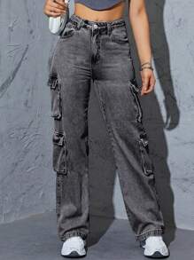 American Retro High Street Washed Workwear Jeans With Multiple Pockets For Men And Women, Loose Straight Leg Casual Pantsmujer Summer Outfits For Women Office Outfits For Women Boho Womens Clothing Pantalones Anchos De Mujer Pantalones Anchos De Mujer Classy Office Outfits For Women Boho Womens Clothing  Summer ,Country,Vintage Clothes Women,Low Rise Jean,Plus Size Women Clothes - 深灰色 - 查看 7