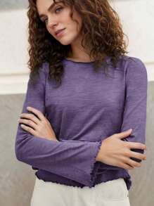 tooluck Womens Crew Neck Solid Lettuce Trim Trumpet Sleeve Tee - Purple - View 3