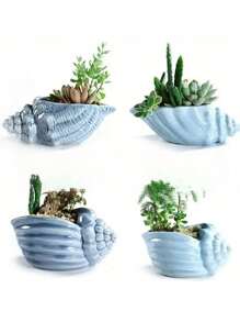 Set de 4 macetas de cerámica de la serie Concha Azul de la serie Océano para plantas suculentas y cactus, macetas para jardín, decoración de jardín, exterior, maceta, maceta de plantas, decoración del hogar, jarrón, decoración de habitación, jarrón de flores, jarrón de vidrio - Multicolor - Ver 6