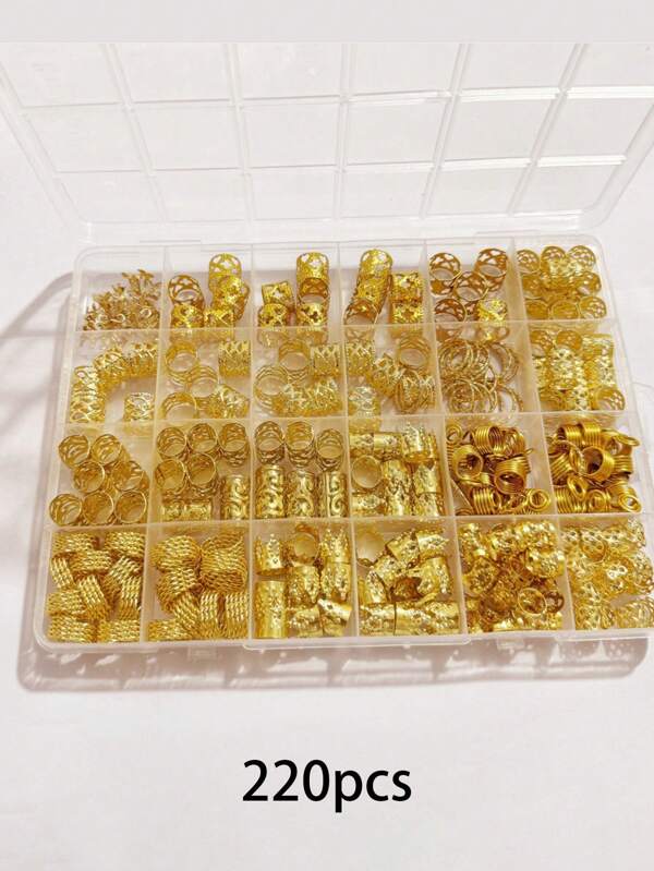 220pcs Gold Hair Hoops For Braids, Metal Braid Beads, Headband Jewelry Braiding Accessories Hair Ornaments,Soft Lightweight Gold Cuffs Hair Charms, Sturdy Adjustable Hair Rings Hair Cuffs, For Men And Women,