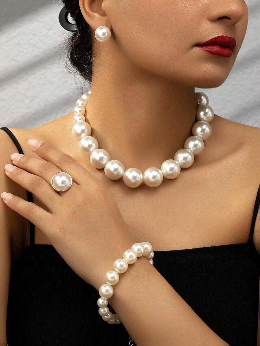 5pcs Ladies' Jewelry Set,1pc Geometric Style Fashionable Faux Pearl Necklace, 1pair Faux Pearl Stud Earrings, 1pc Faux Pearl Bracelet, 1pc Faux Pearl Ring