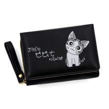 1pc New Cute Cartoon Print Compact Folding Women Small Wallet, Fresh PU Trifold Coin Purse, Fashion Ladies Accessory