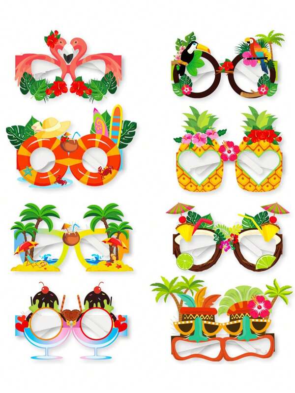 8pcs Flamingo, Coconut Trees, Beach And Hawaiian Summer Theme Paper Glasses Luau Party Glasses Hawaiian Funny Eyeglasses Paper Eyeglass Frames Tropical Masquerade Costume Props Photo Booth Decor Suitable, For Party Decoration, Funny Fashion Glasses Hawaiian Glasses Bulk Hawaiian Adult Party Decoration, Hawaiian Beach Party, Summer Cruise Party, Photo Booth Props, Summer Parties, Beach Theme Occasions, Party Favors