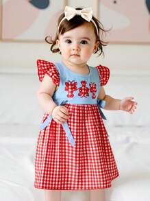 Girls Summer Plaid Dress Flying Sleeve Round Neck Lobster Embroidery A-Line Beach Dresses