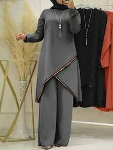 Conjunto de top de manga larga y pantalones con bajo asimétrico, estilo árabe para mujer, modesto para Eid - Gris - Ver 3