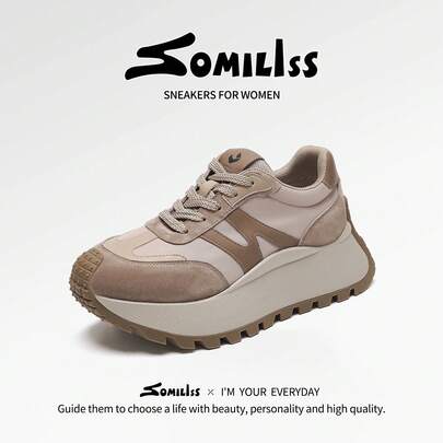 somiliss 1 par de zapatos deportivos casuales para mujer, de corte bajo con cordones, de ante y tela de licra, antideslizantes y transpirables, cómodos zapatos para correr, suela gruesa clásica de moda con 6 cm de aumento, zapatos para caminar al aire libre, color marrón