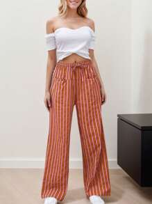 hoteel Women Casual Drawstring Stripe Wide Leg Trousers Lounge Pants With Pockets - 紅色 - 查看 4