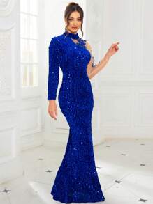 Romagic Đầm dạ hội trang trọng dài tay cổ cao đính sequin xanh, lưới cổ bất đối xứng có hoa, váy dạ hội dài đến sàn, váy dạ hội cho nữ, váy dự tiệc, váy dự tiệc cưới - Xanh đậm - Xem 8