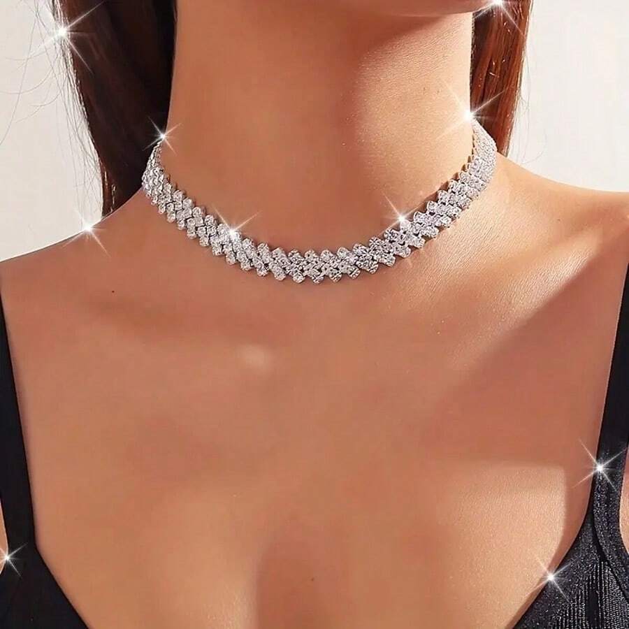 1pc Fashionable Simple Multi-Row Crystal Necklace, Sweet Choker Style Fully Rhinestone Pendant Necklace Clavicle Chain Jewelry For Women