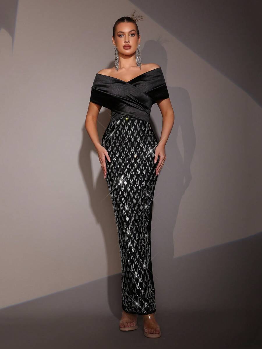 Modphy Murphy Luxury Rhinestone Decor Sexy V-Neck Off-Shoulder Sleeveless Bodycon Long Bandage Dress, Suitable For Wedding Guests, Birthday Parties And Other Formal Occasions - Black - View 1