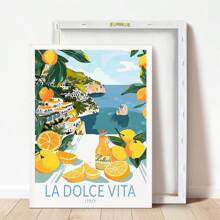 1 pièce, Peinture décorative encadrée, suspendue sur canevas, affiche, œuvre murale, Impression sur canevas de style italien "La Dolce Vita", affiche avec citron et paysage côtier, parfait pour le salon, la chambre, la décoration de bureau, cadeau idéal