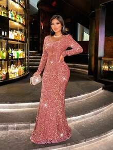 CHOSMO 新款秋季亮片长袖橙色舞会礼服，魅力优雅修身高腰晚礼服，女士长款连衣裙，正式长款连衣裙，长袖连衣裙，适合婚礼、春季派对等场合。 - 藕粉色 - 查看 5