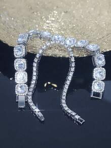 2 件闪亮、时尚、精美方糖和网链手链，男女通用，适合日常佩戴，情人节礼物 - 銀色 - 查看 3