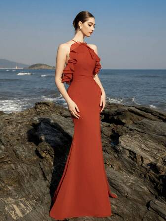 HEARBOBO 复古纯色雪纺荷叶边开叉大腿返校节礼服，美人鱼伴娘礼服