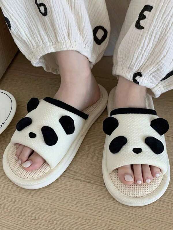 Pantuflas casuales y lindas con forma de panda hechas de lino para mujeres