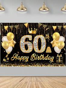 1块亮黑色金色“生日快乐”背景布，适用于30岁、40岁、60岁、70岁、50岁生日派对装饰，150*100厘米涤纶背景布，亮面生日拍照背景布，生日庆祝背景布，家居装饰，房间装饰，墙面装饰，生日横幅装饰，节日派对用品 - 黑金生日 - 查看 5